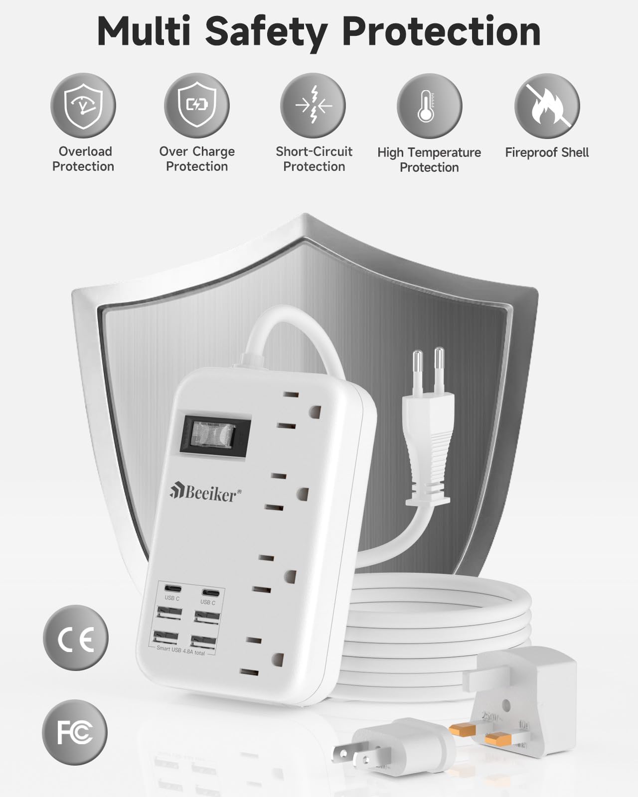 6 USB(2 USB C) Purple Travel Power Strip- 5Ft Lavender Extension Cord with 24W USB Charging Station and 4 Outlets, Purple Desk Accessories with Surge Protector for Cute Kawaii Office Dorm Room