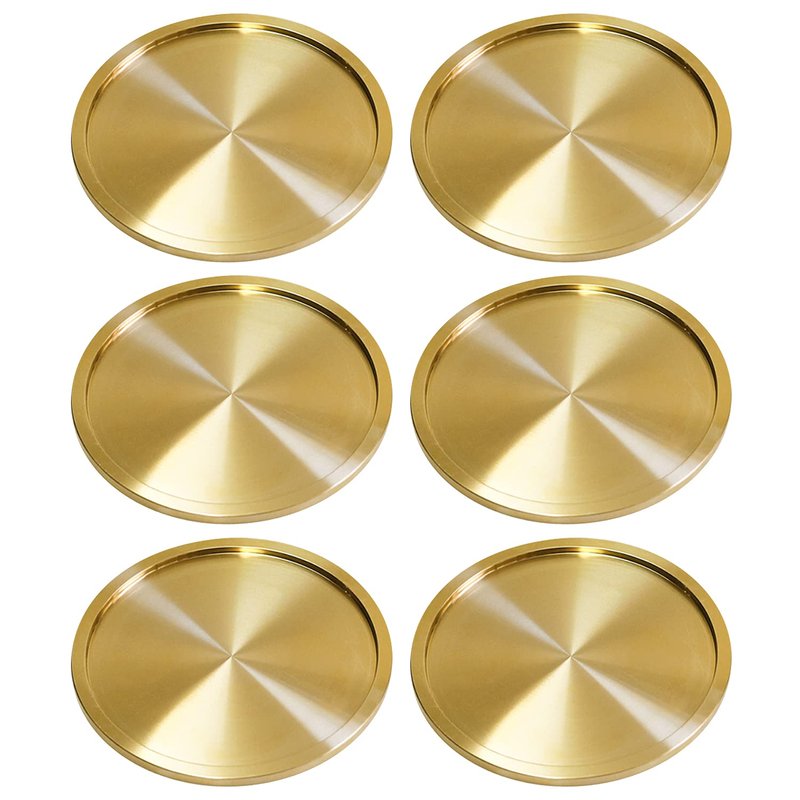 Heavy Brass Coasters for Drinks (6-Pack) - Solid Bronze Gold Coasters - Classy MCM Style Premium Coaster Set - 5 Star Hotel Table & Bar - Board Room Elegant Copper Cup Holder - L