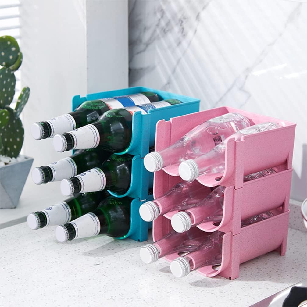 Hemoton 3pcs Refrigerator Bottle Storage Rack, Stackable Plastic Wine and Water Bottle Organizer for Pantry, Pink