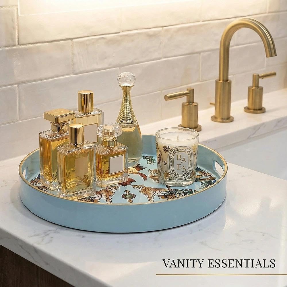 13" Zosenley Round Decorative Tray, Marbling Plastic with Handles, Modern Vanity and Serving for Ottoman, Coffee Table