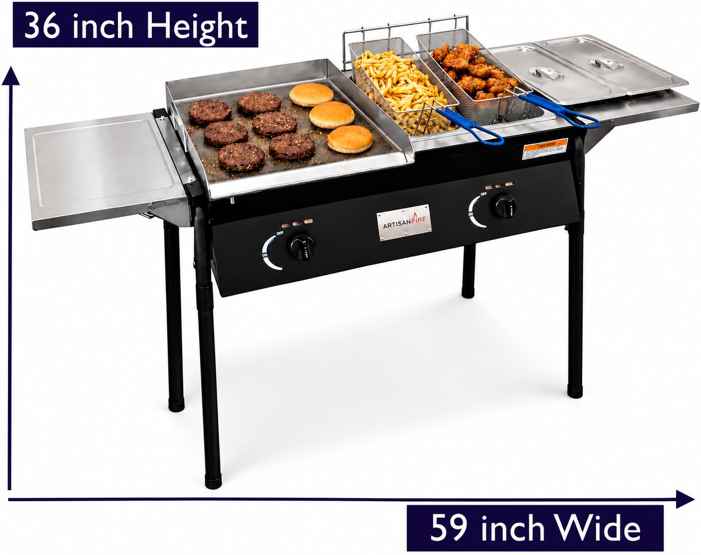 Stainless Steel Propane Deep Fryer and Griddle Grill-4 in 1-Deep Fryer-Steamers Food Warmers-Ideal for Burger Grill, Fries, and Chicken Wings Station-Taco Cart-With Hose & Regulator + Thermometer