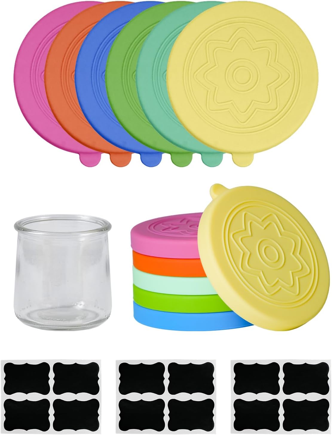 12 Pack 12 5Oz Silicone Oui Yogurt Jar Lids with Labels, Food-Grade Lids for Oui Yogurt Jars, Reusable Silicone Canning