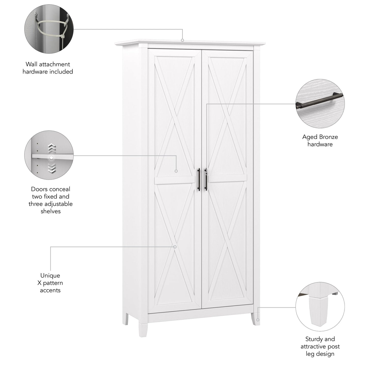 Bush Home Key West Tall Storage Cabinet with Doors in Pure White Oak