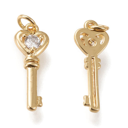 Ipotkitt 10 Pcs Brass Micro Pave Cubic Zirconia Heart Key Charms Golden Clear Hanging Ornaments Skeleton Key Charms for DIY Bracelet Necklace Earrings Making