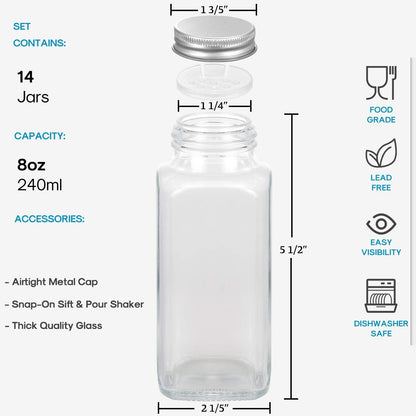 AOZITA 14 Pcs Glass Spice Jars with Spice Labels - 4oz Empty Square Spice Bottles - Shaker Lids and Airtight Metal Caps - Chalk Marker and Silicone Collapsible Funnel Included
