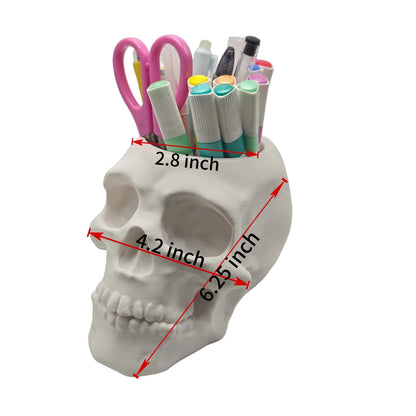 3D Printed Skull Pen Pencil Holder, Makeup Brush Holder, Vanty Desk Office Organzer Goth Decorations Gothic Skulls & Bones Large Capacity Organizer (White)