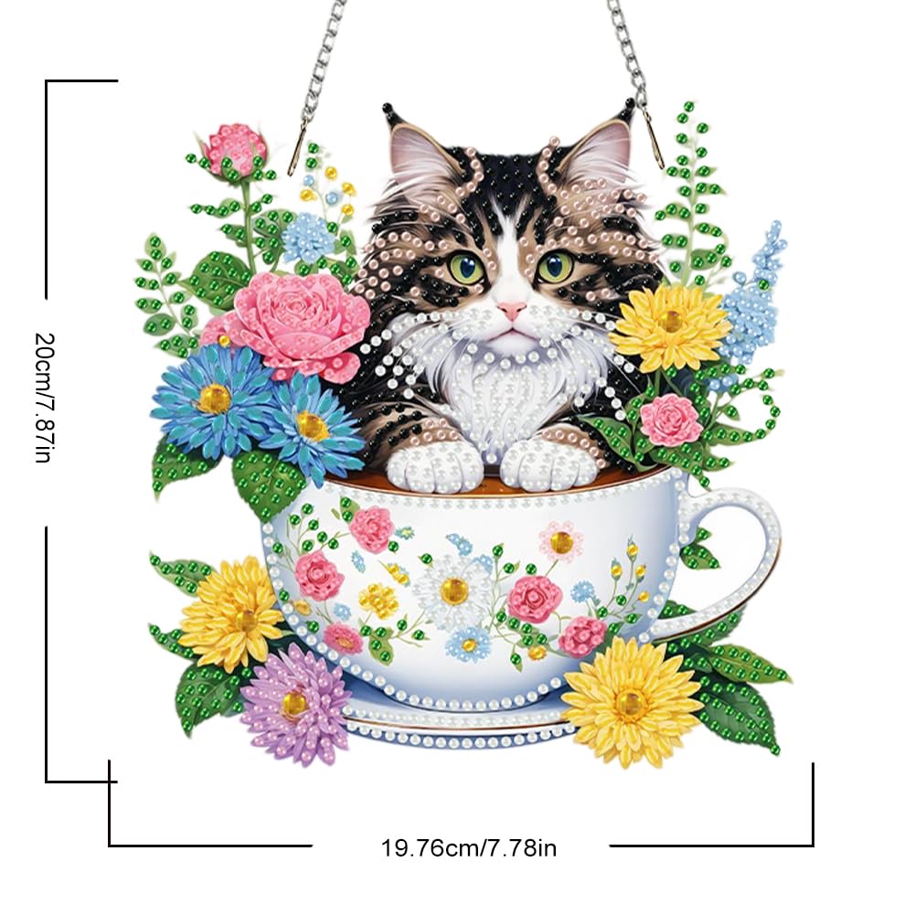 POETRYDRAW DIY Hanging Diamond Art Pendant Kit Flower Cup Cat, Special Crystal Acrylic Diamonds Painting Ornament for Adults, 5D Diamond Art Suncatchers Gem Painting Box Kit