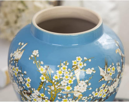 ERoomQ Blue Ceramic Ginger Jar with Lid for Home Decor,Traditional Chinese Trees and Flowers Temple Jar, Jingdezhen Handcrafted Porcelain Vase Centerpiece Decor-Medium