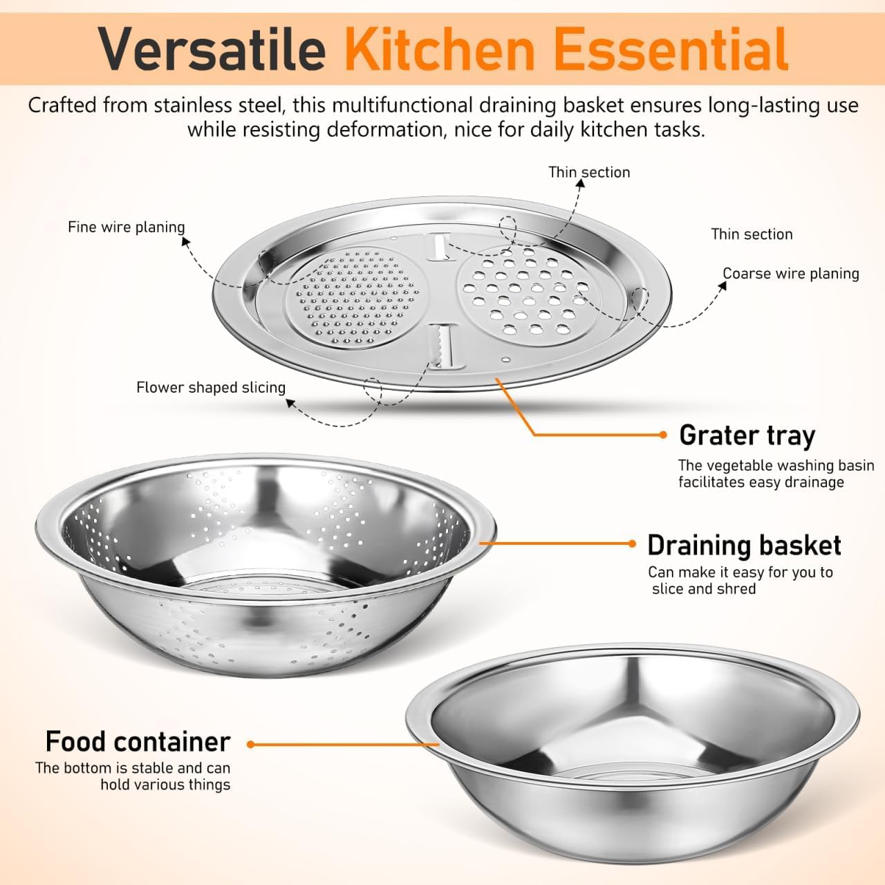 Stainless Steel Mixing Bowls Set, Grating Bowl, 3 in 1 Multifunctional Stainless Steel Basin Strainer Set with Grater, Strainer Drain Basket for Rinsing Draining Mixing (10.2"/26cm)