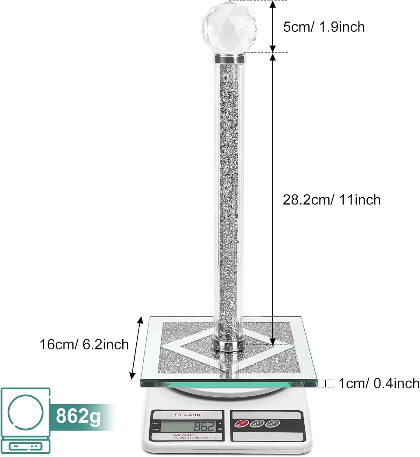 Ulable Counter Bling Silver Paper Towel Holder Stand with Square Base, Toilet Roll Filled with Crystal Paper Towel