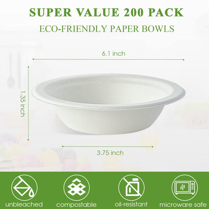 Vplus 200 Pack 12 OZ Paper Bowls, Disposable Compostable Bulk, Eco-friendly Bagasse, Heavy-duty Bowls Perfect for Milk Cereals, Snacks, Salads