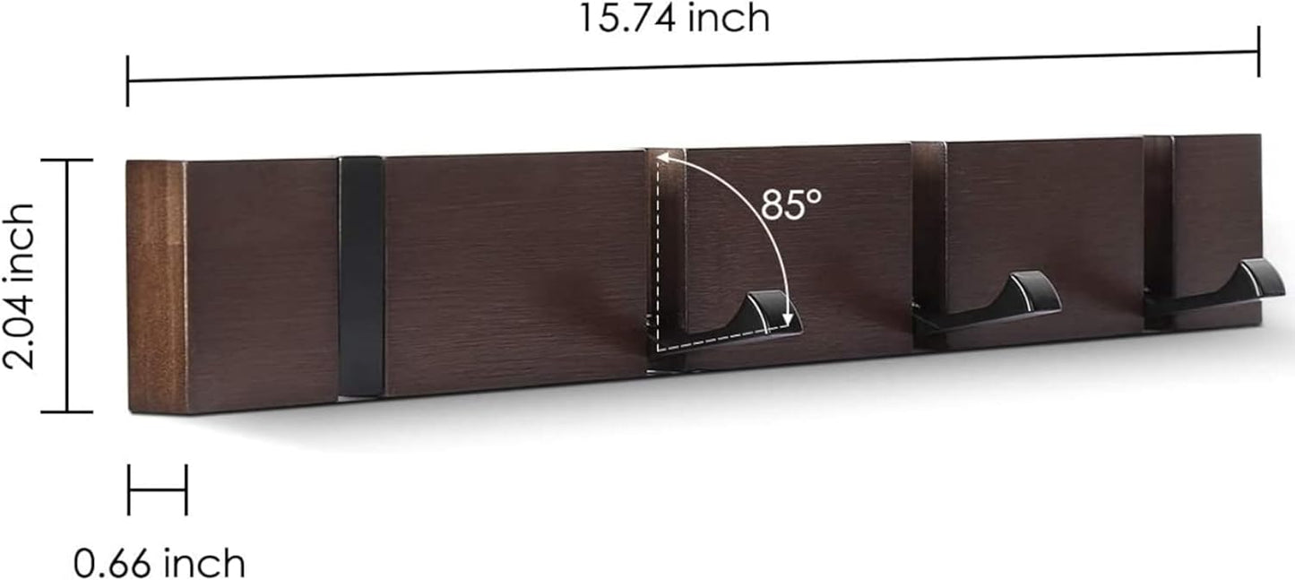 Modern Wooden Coat Rack, Wall Mounted with 4 Folding Hooks, Brown Coat Hanger for Purses and Keys