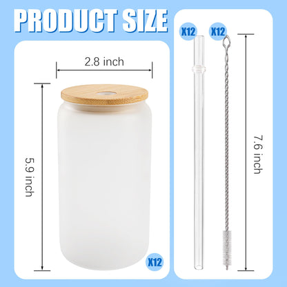 Joyclub 12 Pack Sublimation Blanks Bulk Frosted Glass Cups with Lids and Straws 16oz, Sublimation Glass Tumbler Beer Can Shaped Mugs for Iced Coffee Smoothie Soda Boba Tea DIY Gift Small Business