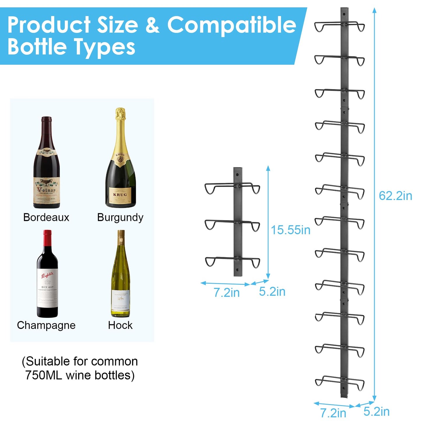 2 Pack 12 Bottle Wall Wine Rack for 24 Wine Bottles, DIY Detachable Wall Mount Wine Rack, Wine Storage Organizer Display Holder Used As One or Four, for Dining Room, Wine Cellar, wine lover gift