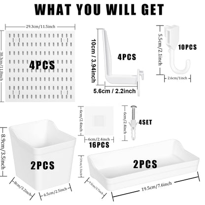 Dualshine Premium Pegboard Combination Kit, White Pegboard Wall Organizer with 4 Small Plastic Panels and 38 Accessories, Ideal for Craft Room, Bathroom, Nursery Storage, and Office (22"*22")