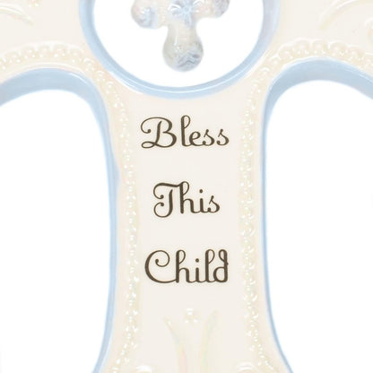 DEMDACO Bless This Child Wall Cross - Blessing Cross for Baby - Faith Nursery Decor - Gift for Newborn - Religious Christian Wall Hanging - Porcelain - Gift Box Packaging - Blue