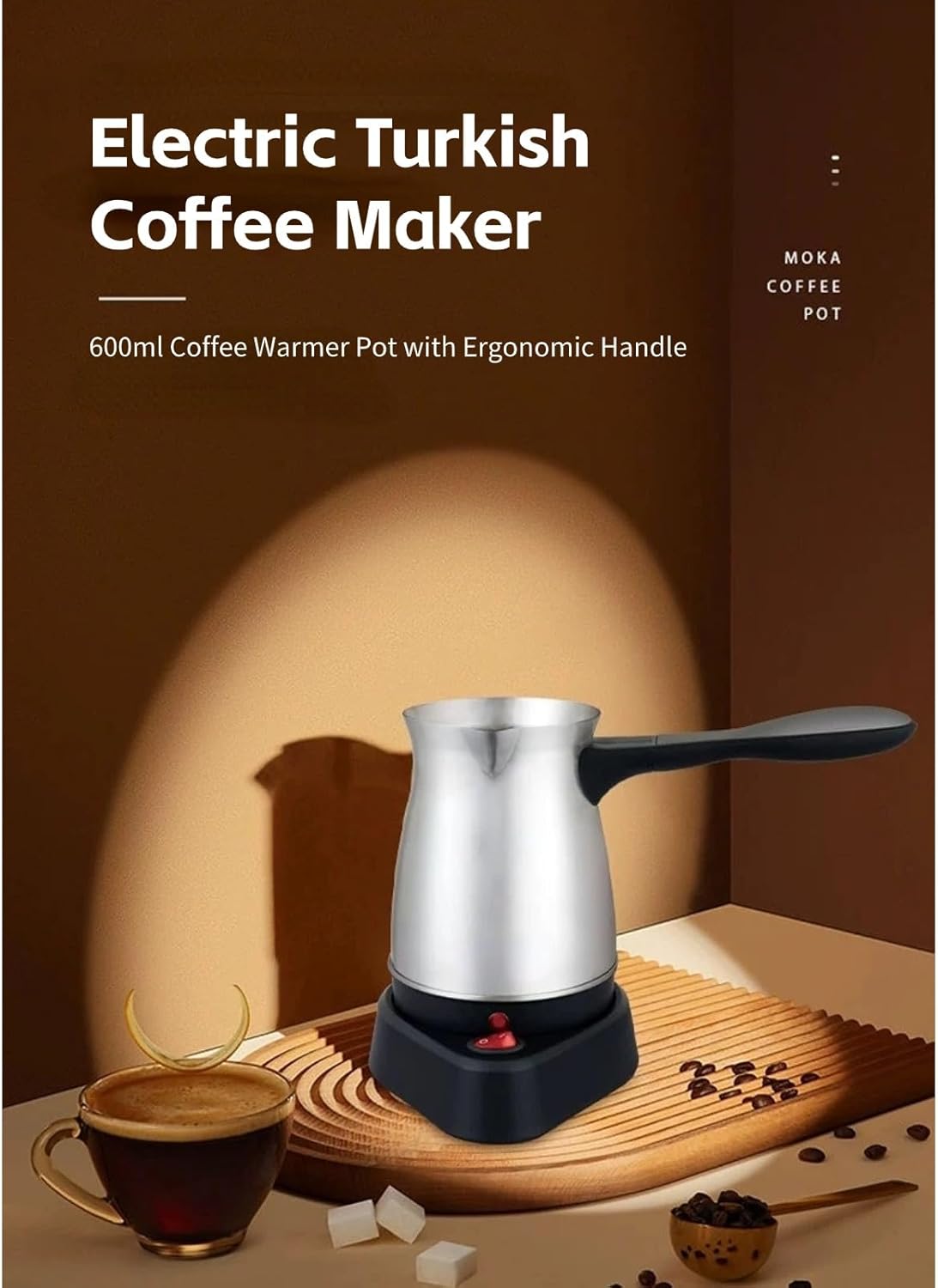 Yoidesu Turkish Coffee Maker, 600ml Coffee Warmer Pot, Ergonomic Handle, Stainless Steel Kettle for Home, Electric