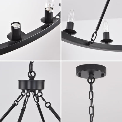 JKLX 48 Inch Black Large Wagon Wheel Chandelier, 24-Lights Farmhouse Industrial Round High Ceiling Light Fixture Adjustable Chain for Outdoor Porch,Foyer,Dining Room, Living Room