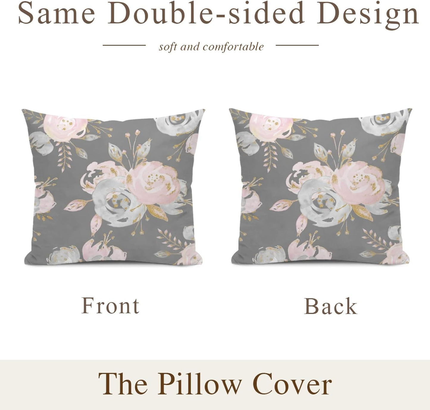 Golden Blush Roses Floral Throw Pillow Covers on Gray, Set of 2 Modern Decorative Cases 18"X18"