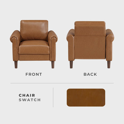 Lexicon 35" W Living Room Accent Chair, Faux Leather Upholstered Armchair with Rolled Armrest for Bedroom/Office/Waiting Room, Single Sofa Chair, Brown