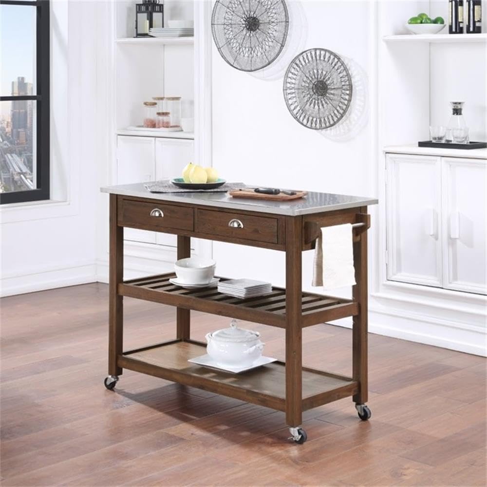 BOWERY HILL Modern Kitchen Cart, Rubberwood and Stainless Steel, Chestnut Wire-Brush Finish, 45" W x 20.5" D x 35.75" H, Adjustable Shelf, Storage Drawers, Locking Casters, Portable Prep Station