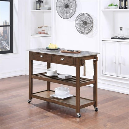 BOWERY HILL Modern Kitchen Cart, Rubberwood and Stainless Steel, Chestnut Wire-Brush Finish, 45" W x 20.5" D x 35.75" H, Adjustable Shelf, Storage Drawers, Locking Casters, Portable Prep Station