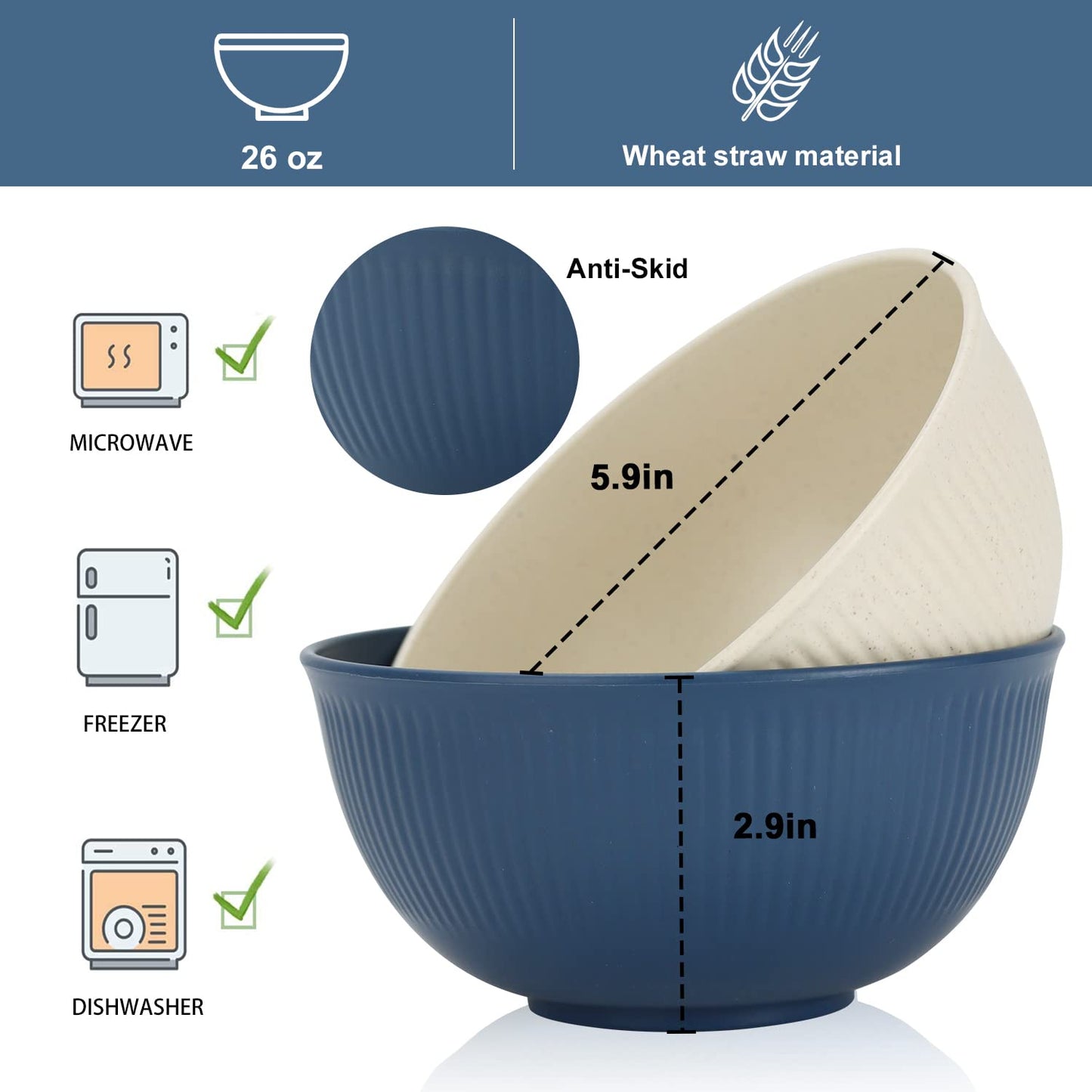 Wrova Wheat Straw Bowl Sets,8 PCS Unbreakable Cereal Bowl 26 OZ,Microwave and Dishwasher Safe Bowls,Bowl Sets BPA Free for Serving Soup,Oatmeal and Salad Summer-Sea Series