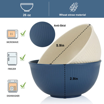 Wrova Wheat Straw Bowl Sets,8 PCS Unbreakable Cereal Bowl 26 OZ,Microwave and Dishwasher Safe Bowls,Bowl Sets BPA Free for Serving Soup,Oatmeal and Salad Summer-Sea Series