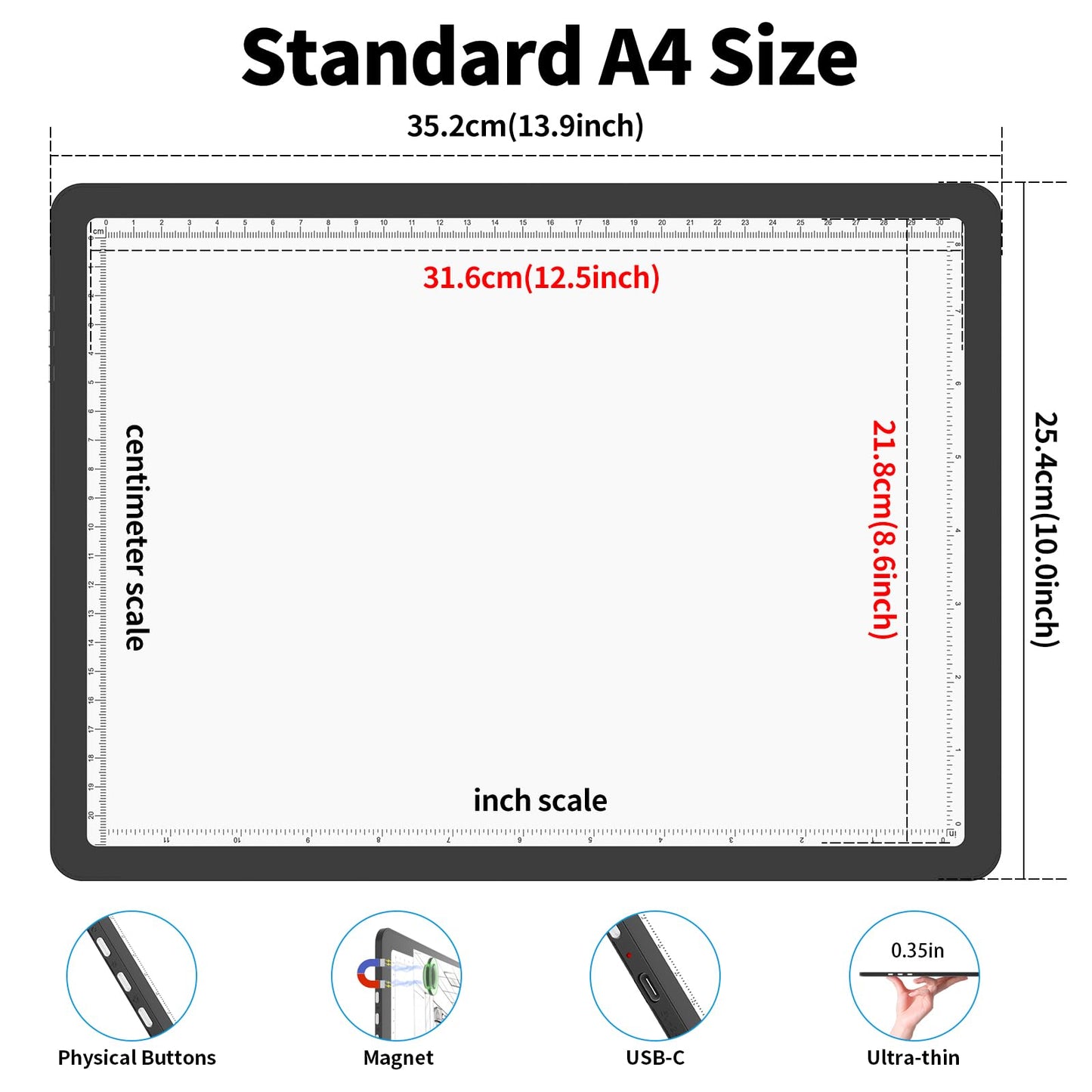Phylosal Rechargeable A4 LED Light Pad for Diamond Painting, Ultra-Thin Magnetic Tracing Light Box for Drawing, Diamond Art Light Board with Side Button, Super Bright Light Table for Sketching (Black)