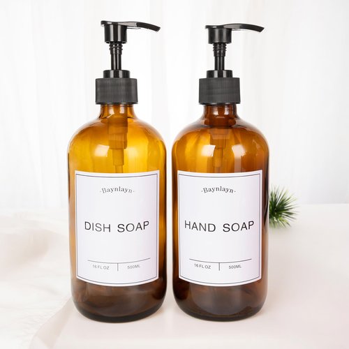 Baynlayn Amber Glass soap Dispenser with Anti-Rust Pump. Refillable Kitchen and Bathroom soap Dispenser for Dish soap, Hand sanitiser, Shampoo, Conditioner, Lotion, Shower Gel Conditioner 16 oz 2pack
