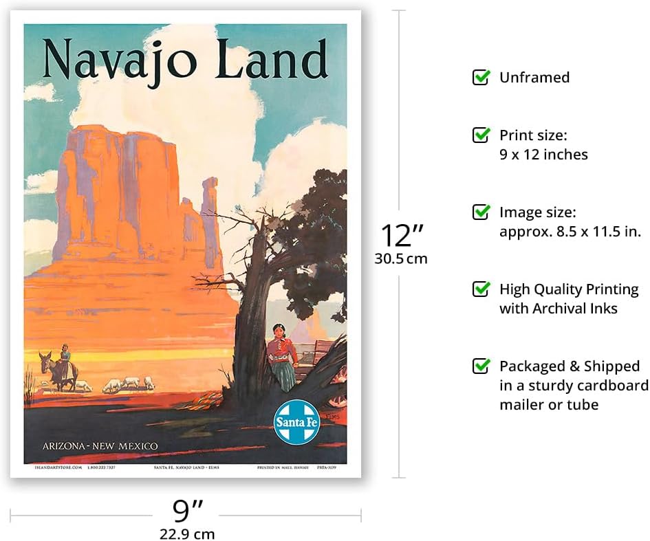 Vintage Railroad Travel Poster by Elms c.1954 - Navajo Land - Arizona New Mexico - Santa Fe Railroad - 9in x 12in