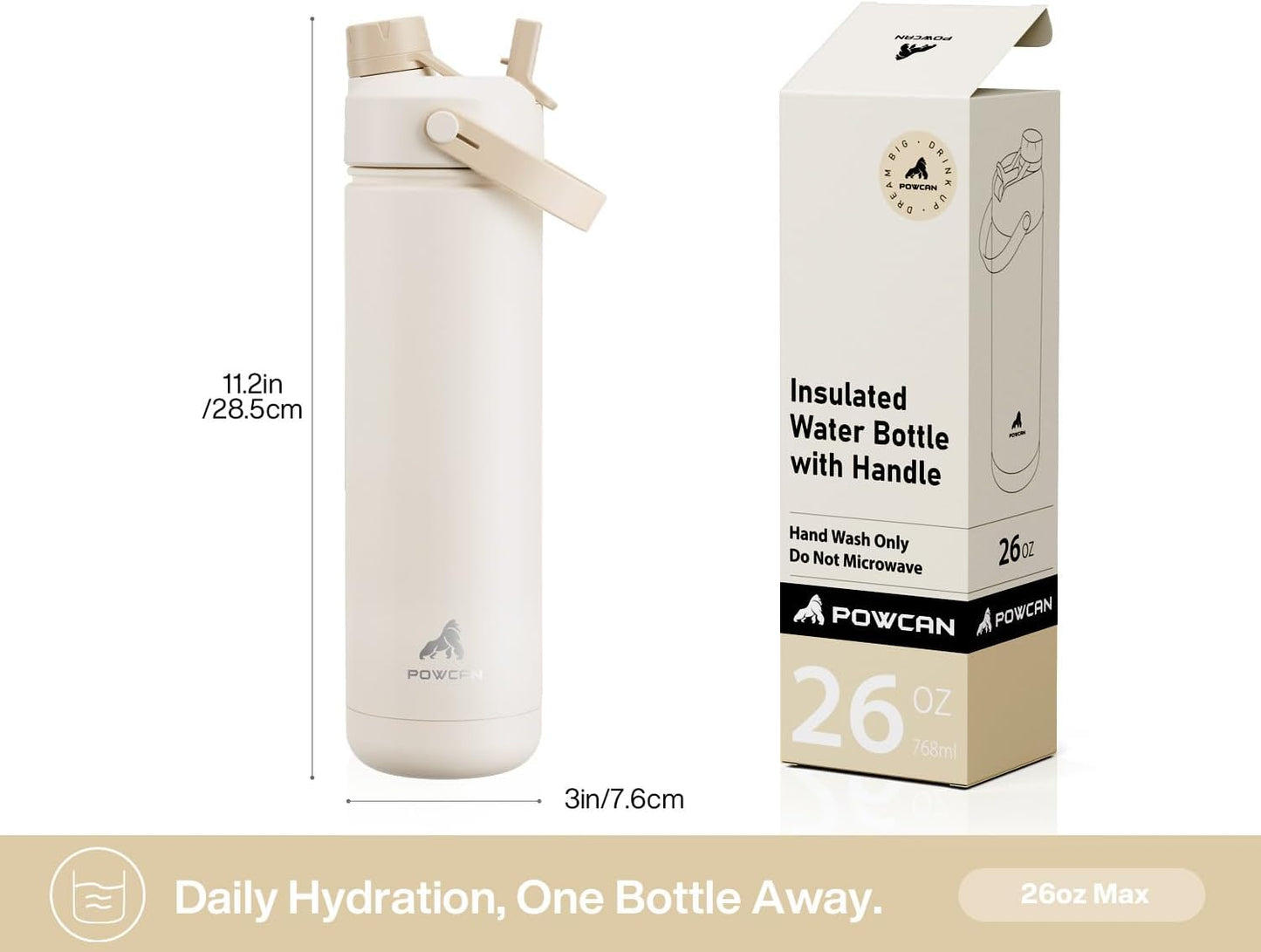 POWCAN 26 oz Insulated Water Bottle - 2-in-1 Straw & Spout Lid, Leak-Proof, Fits Car Cup Holder | Mousse Color