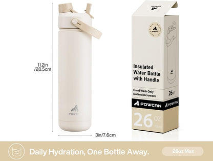POWCAN 26 oz Insulated Water Bottle - 2-in-1 Straw & Spout Lid, Leak-Proof, Fits Car Cup Holder | Mousse Color