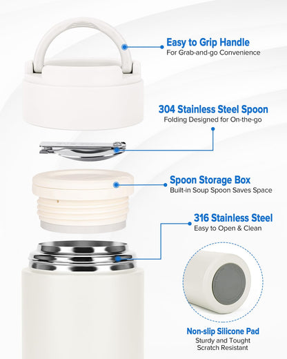 TSAKBAM Thermo for Hot Food,17OZ Wide Mouth Insulated Food Container with Spoon & Handle, Stainless Steel Hot Lunch Box for Adults (White)
