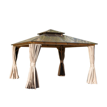 GOWE 12'x12' Hardtop Gazebo, Permanent Outdoor Gazebo with Polycarbonate Double Roof, Aluminum Gazebo Pavilion with Curtain and Net for Garden, Patio, Lawns, Deck, Backyard(Wood-Looking)