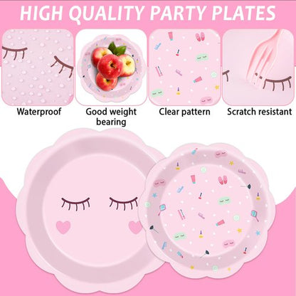 96Pcs Spa Party Decorations Spa Paper Plates Napkins Pink Sleepover Tableware Dinnerware Set Slumber Spa Party Supplies Dinner Dessert Plates for Girls Makeup Birthday Pajama Party Favors Table Decor