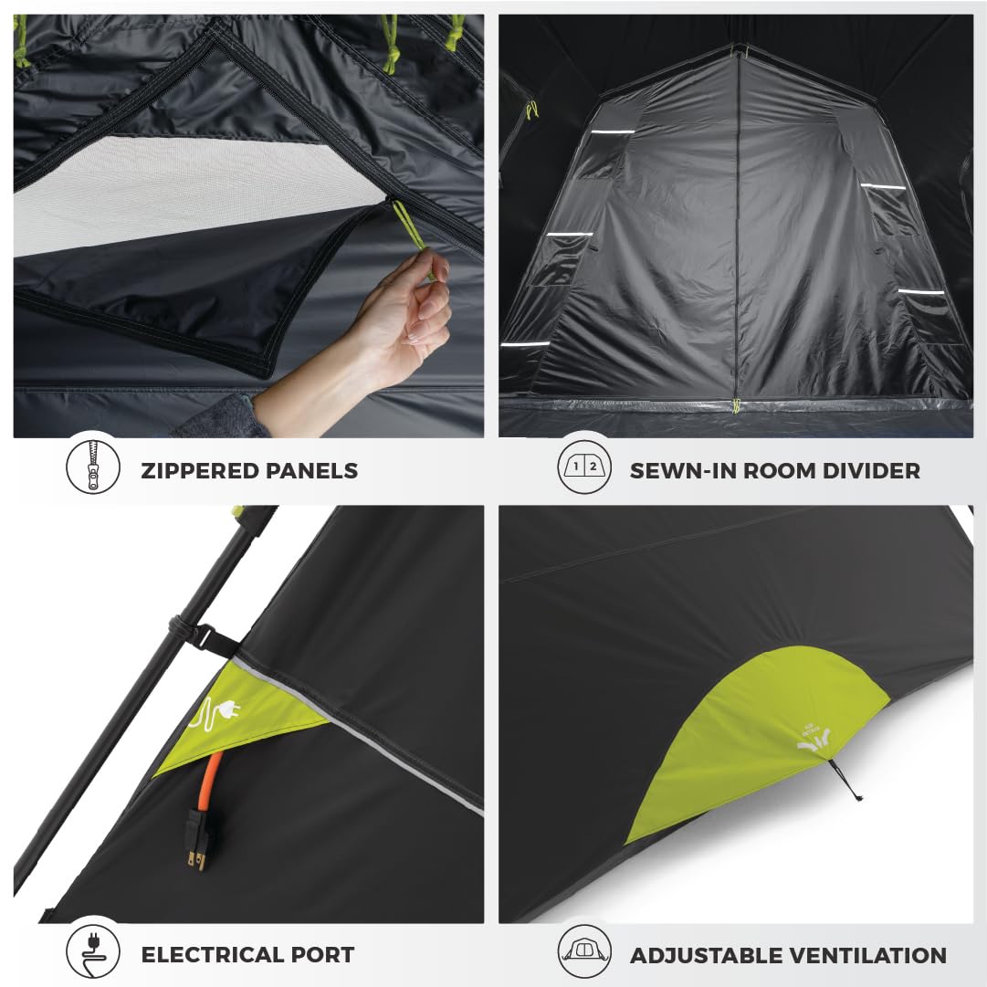 CORE Blackout 9 Person Instant Cabin Tent | Large Multi Room Family Pop Up Dark Room Tent for 2 Minute Camp Setup | Included Storage Pockets for Camping Accessories