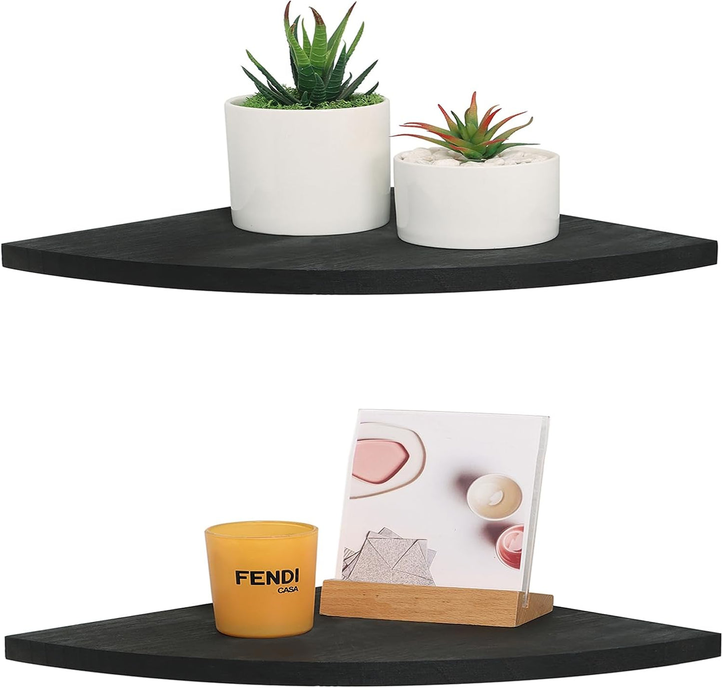 12 inch Set 2 (Black-12 inch) JORIKCHUO Corner Shelf, of Solid Wood Corner Floating Shelves for Wall, Round End Wall