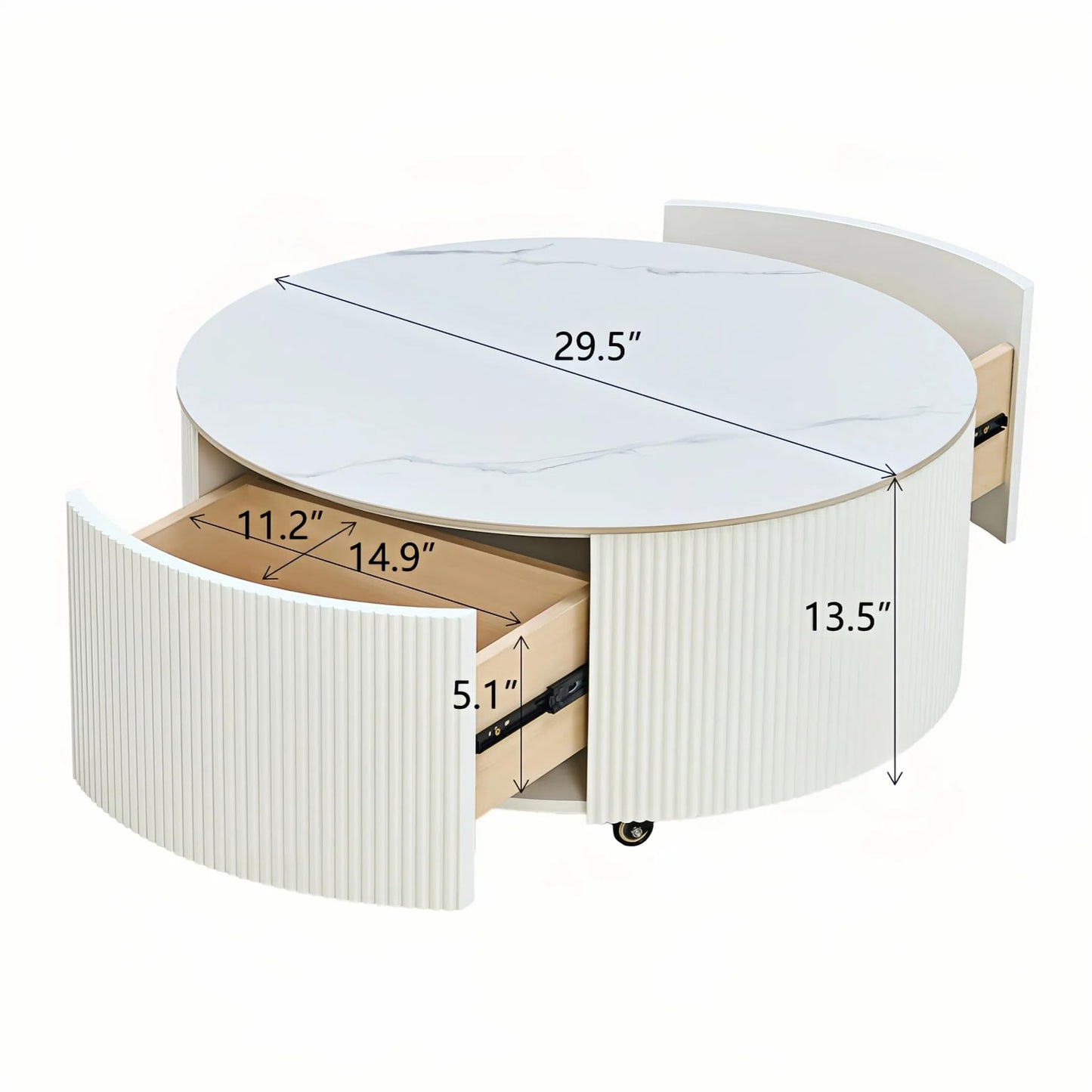 Merax Round Coffee Table for Living Room 29.5" Movable Accent Table with Casters and 2 Storage Drawers, Marble Pattern Sintered Stone Top, White