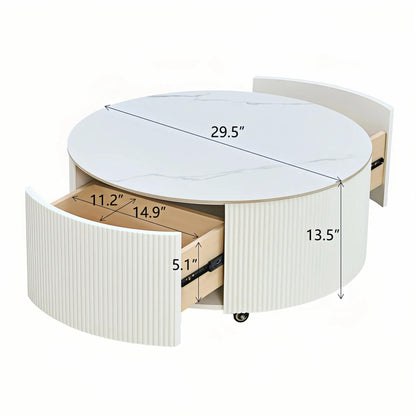 Merax Round Coffee Table for Living Room 29.5" Movable Accent Table with Casters and 2 Storage Drawers, Marble Pattern Sintered Stone Top, White