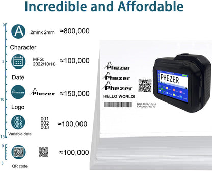 Phezer A Set PC98 Mini Inkjet Printer for Any Surface, with 2 Pcs Original Solvent Ink Cartridge (Black)