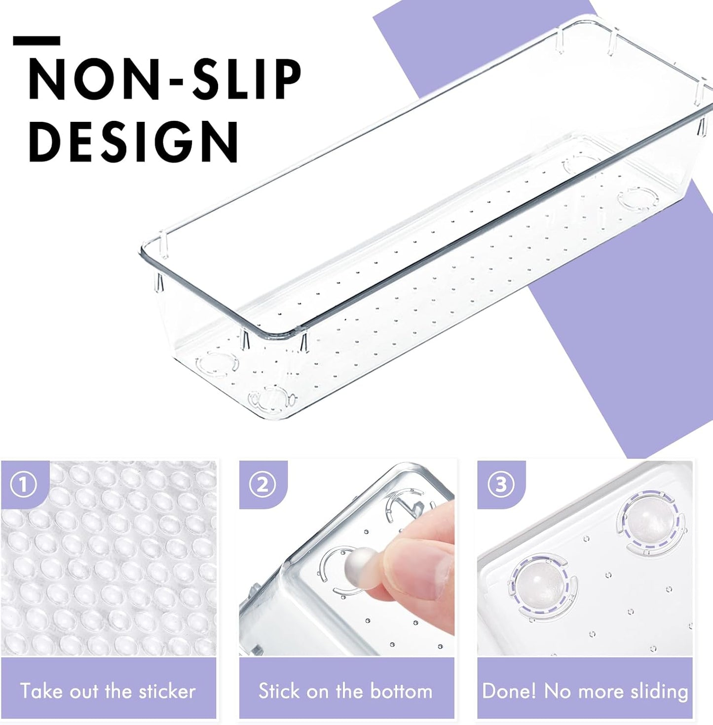 HOUSE DAY Desk Drawer Organizer Bins, 4 PCS Clear Drawer Organizers with Silicone Pads for Makeup, Office