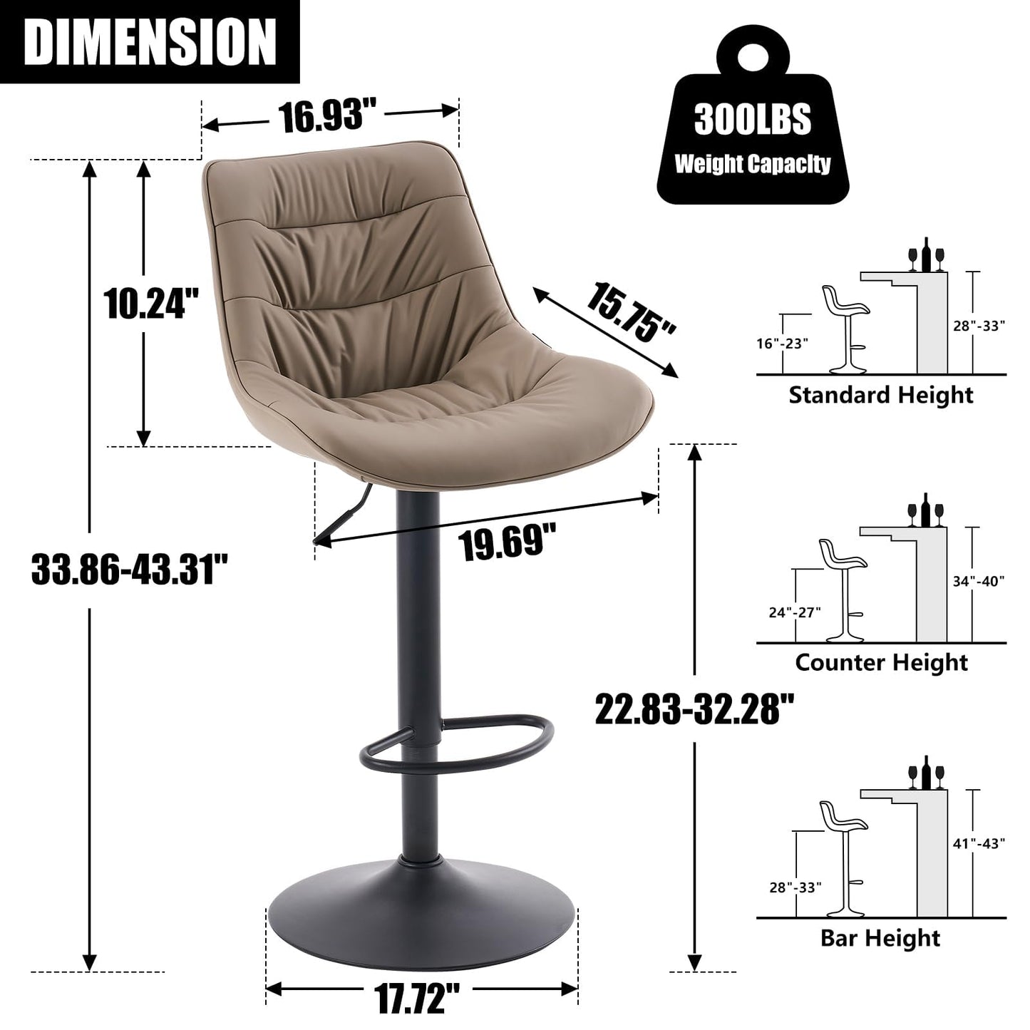 Kidol & Shellder Adjustable Bar Stools Set of 2, Faux Leather Counter Height BarStools with Back and Metal Base, Modern Mid Century Upholstered Bar stools for Kitchen Island Khaki