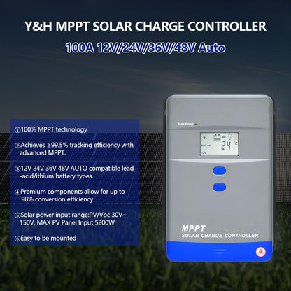 100A MPPT Solar Charge Controller 12V/24V/36V/48V Auto Battery Regulator LCD Display,MAX PV Panel Input 5200W for AGM, Gel, Flooded and Lithium Battery Charging, High-Efficiency Energy Conversion