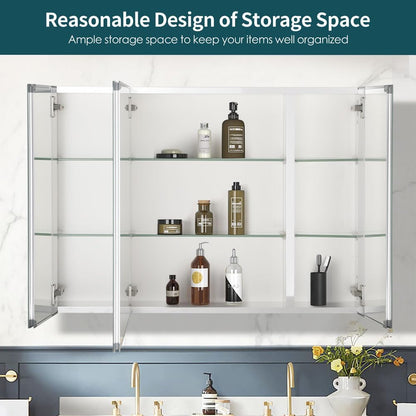 Movo Double Doors Medicine Cabinet with Mirror, 36 inch X 26 inch Aluminum Bathroom Medicine Cabinet, Adjustable Glass Shelves, Waterproof and Rust-Resist, Recess or Surface Mount Installation,Silver