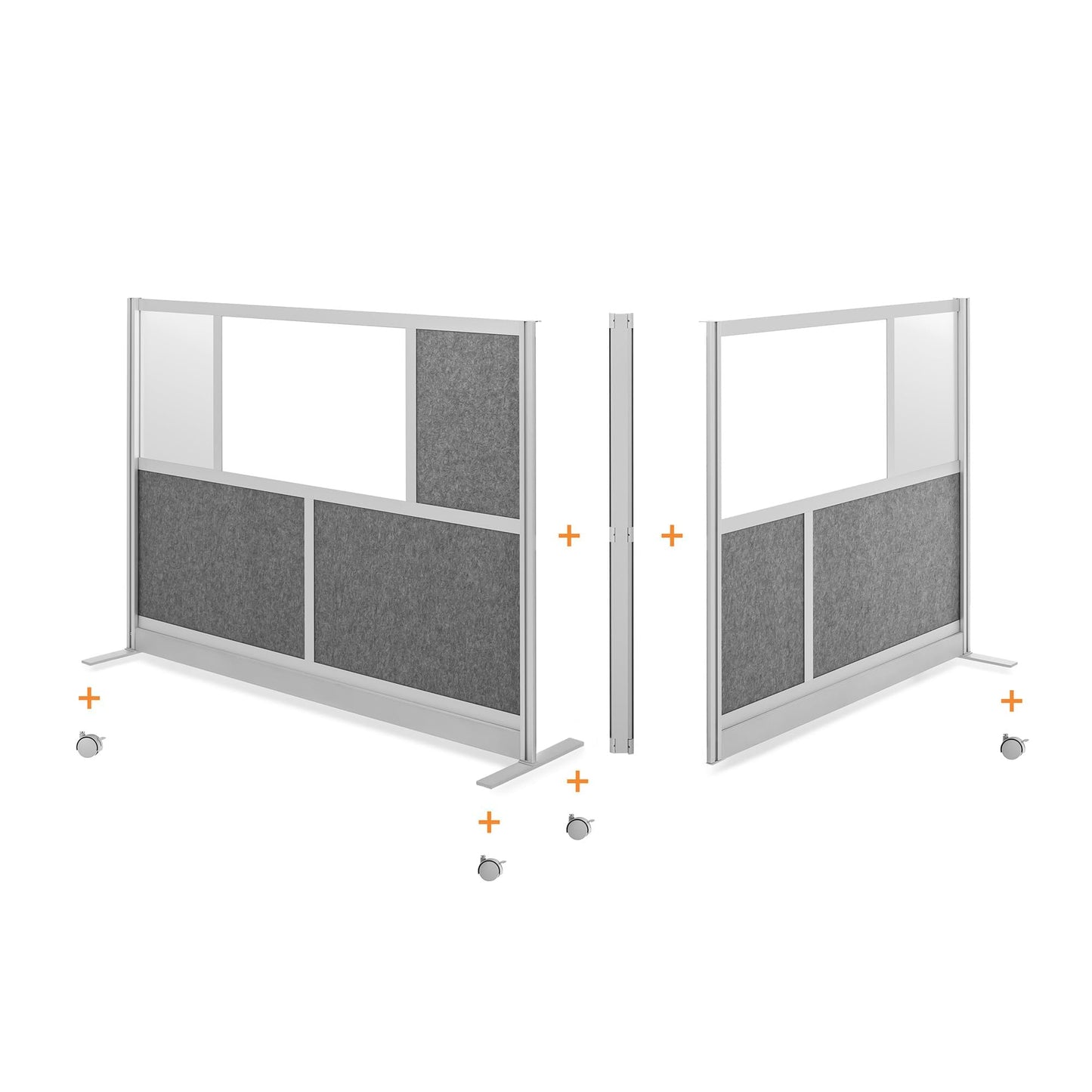 Modular Wall Partition Room Divider Bundle - Gray 70"x48" + 53"x48", 2 Cubicle Walls, Hinge & Casters for Flexible Office Divider & Room Divider Wall