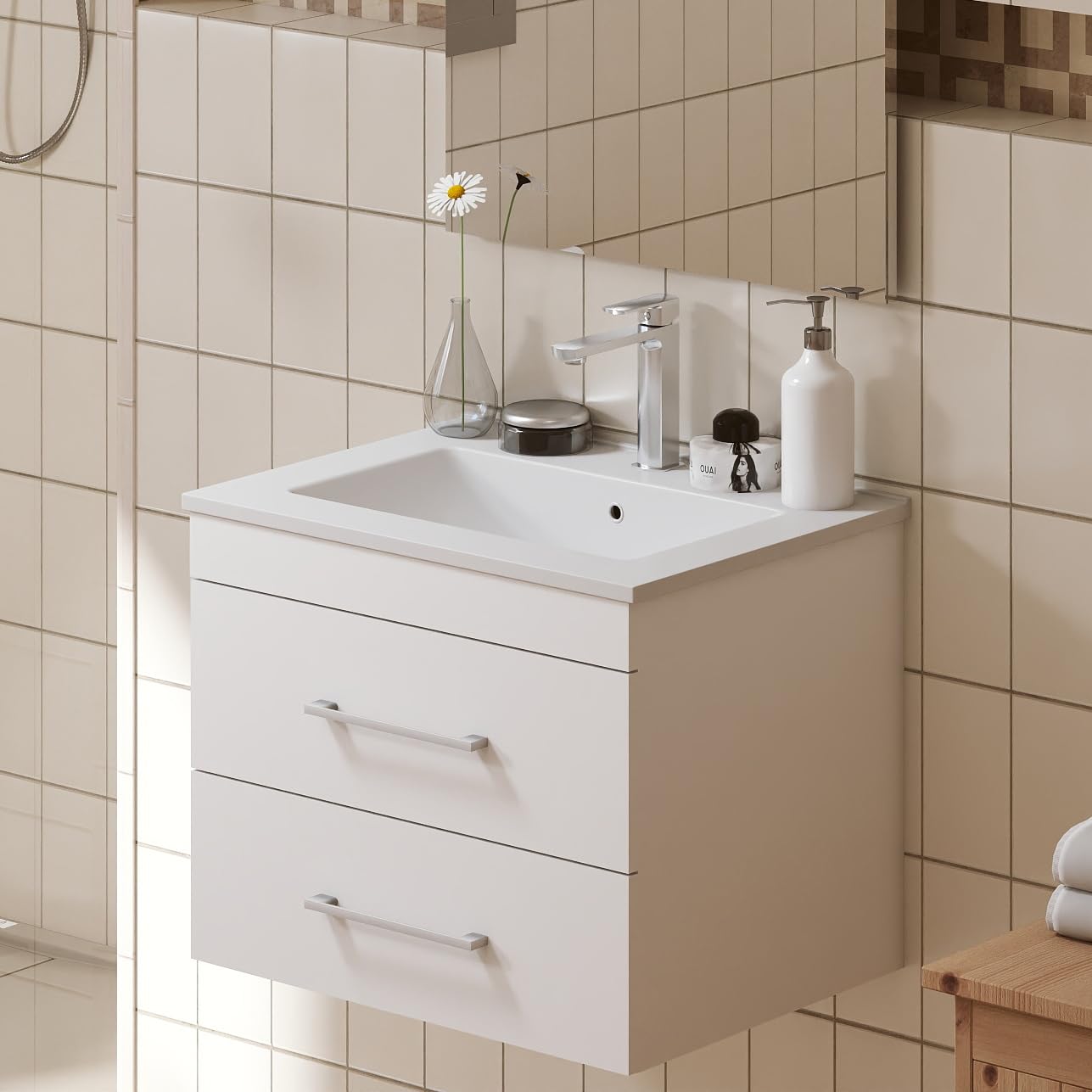 KEIKI 24" Gloss Wall-Mounted Bathroom Vanity with Ceramic Sink, Double Soft-Close Drawers, Modern Minimalist Design