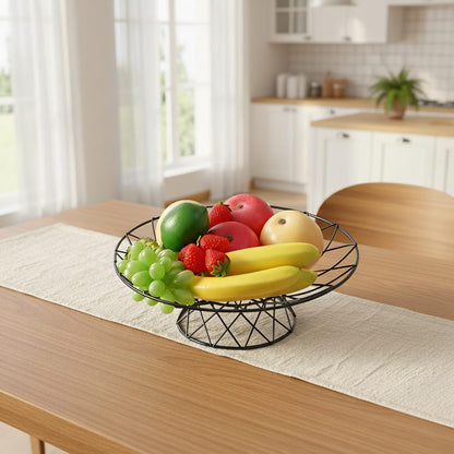 AIYICIII Large Metal Wire Fruit Bowl, 12-inch Round Mesh Fruit Basket for Kitchen Countertop, Modern Decorative Bread Vegetable Storage Holder Organizer, Sleek Black Iron Art(Black)
