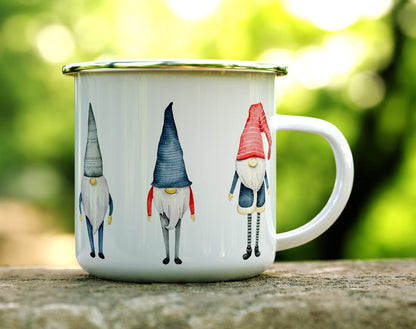 Winter Holiday Cozy Gnome Christmas Campfire Mug, Stocking Stuffer Gift for Her Mom Friend, Enamel Camping Cup (12oz)