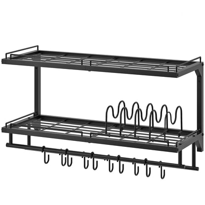 CHOEZON Pot Rack, Wall Mounted Pan Holder, 2-Tier Pot and Pan Organizer, Pot Hanger with 10 S-Shaped Hooks, Cookware Organizer with 5 Removable Metal Wire Dividers, Black TPR35BB